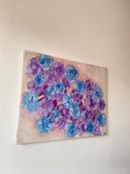 Olie verf schilderij  39x50cm bloemen blauw en paars, Ophalen of Verzenden