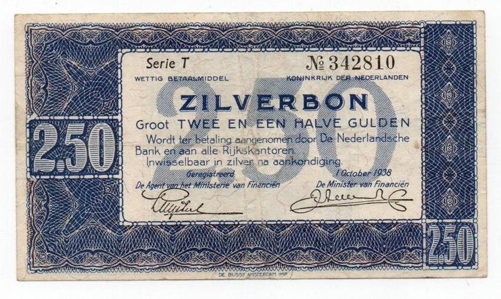 2½ gulden 1938 - 1 letter serienummer - 005, Postzegels en Munten, Bankbiljetten | Nederland, Los biljet, 2½ gulden, Verzenden