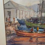 Oude aquarel industriële Haven, Ophalen of Verzenden