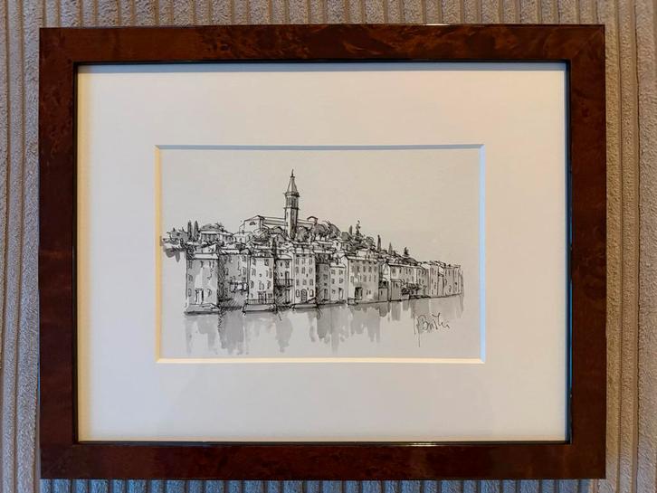 Poreč Kroatië Pentekening in Notenhouten Lijst, Antiek en Kunst, Kunst | Tekeningen en Foto's, Ophalen