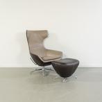 1 Leolux Caruzzo Fauteuil + Hocker Bruin/Mokka Leer - Chroom