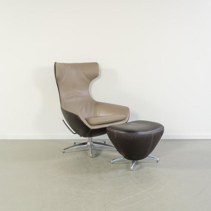 1 Leolux Caruzzo Fauteuil + Hocker Bruin/Mokka Leer - Chroom, Huis en Inrichting, Fauteuils, Gebruikt, Leer, Metaal, 75 tot 100 cm