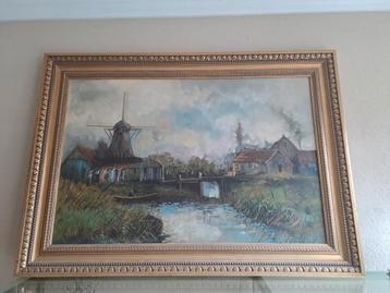 Groot Antiek olieverf schilderij met gouden lijst beschikbaar voor biedingen