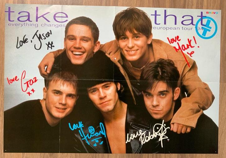 Poster Take That / Bryan Adams, Verzamelen, Posters, Gebruikt, Muziek, Deurposter of groter, Rechthoekig Liggend, Verzenden