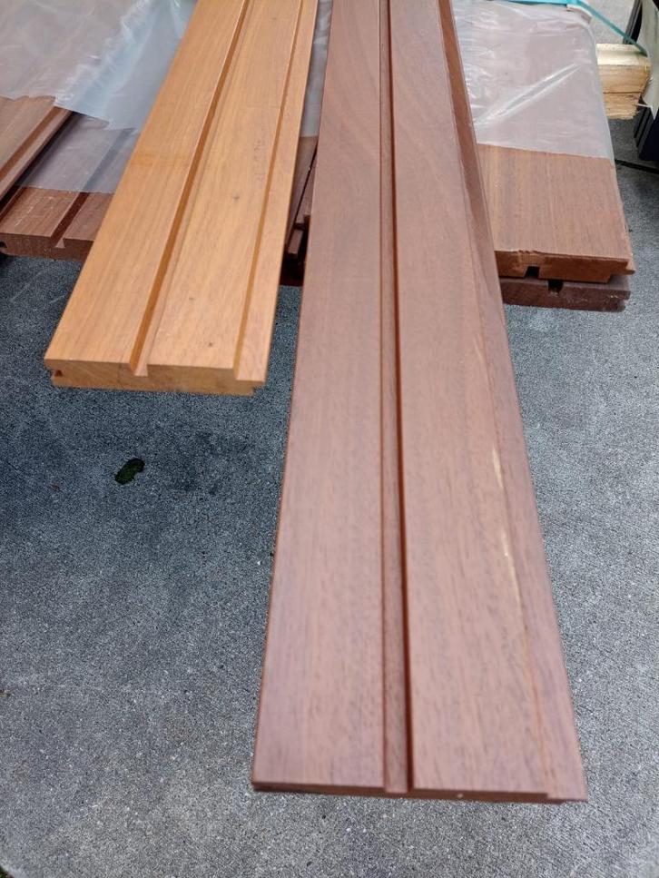 Thermisch gemodificeerd ayous dubbel profiel 25x140mm gespot, Doe-het-zelf en Verbouw, Hout en Planken, Nieuw, Plank, Overige houtsoorten