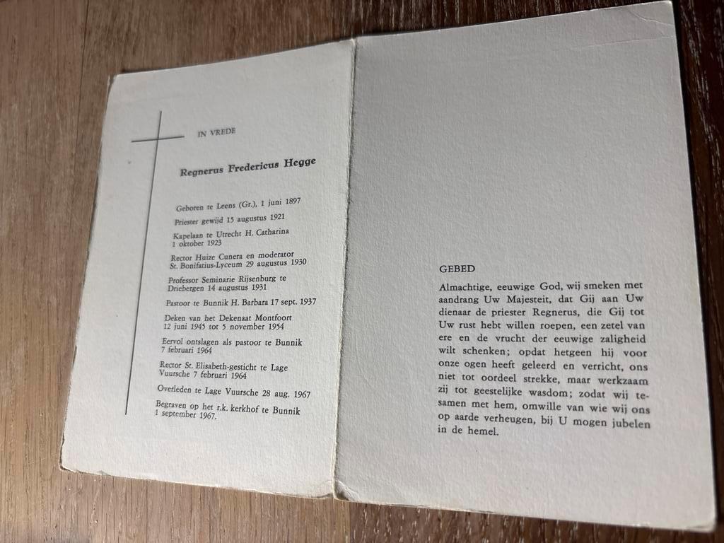 Hegge Regnerus 1897 Leens 1967 Lage Vuursche priester- 27915, Verzamelen, Bidprentjes en Rouwkaarten, Bidprentje, Ophalen of Verzenden