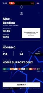 1 kaart ajax benfica vak 414, Tickets en Kaartjes, Eén persoon