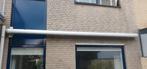 Electrisch zonnescherm Somfy met knikarmen en blauw doek., 150 tot 300 cm, Ophalen, Gebruikt, Knikarmscherm