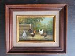 Leuk vintage schilderijtje met kippen, Antiek en Kunst, Kunst | Schilderijen | Klassiek, Ophalen of Verzenden