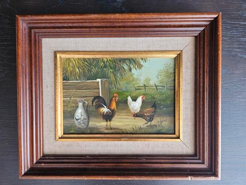 Leuk vintage schilderijtje met kippen, Antiek en Kunst, Kunst | Schilderijen | Klassiek, Ophalen of Verzenden