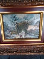 Schilderij Winterlandschap met Figuren antiek paneel, Antiek en Kunst, Ophalen of Verzenden