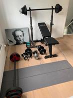 Halterset, bankje en dumbels, Sport en Fitness, Fitnessmaterialen, Ophalen, Zo goed als nieuw, Borst, Fitnessbank