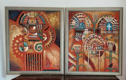 Twee abstracte Azteekse schilderijen van de Engelse schilder, Antiek en Kunst, Kunst | Schilderijen | Abstract, Ophalen of Verzenden