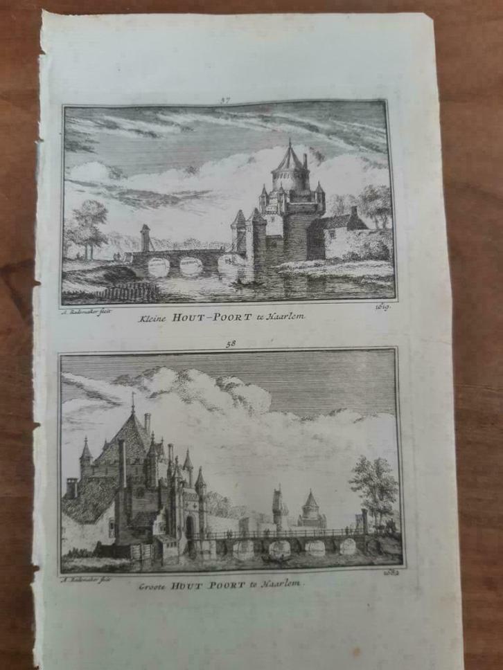 57,58/Kleine en groote houtpoort Haarlem gravure 18de eeuw, Antiek en Kunst, Kunst | Etsen en Gravures, Ophalen of Verzenden