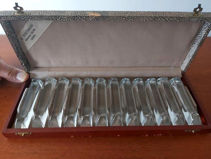 Set 12 Brocante Glazen Messenleggers in Casette - ca. 1930, Antiek en Kunst, Antiek | Bestek, Ophalen of Verzenden