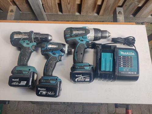 Makita 14,4V set DDF470+DTD134+DHP448 3 accu's en lader, Doe-het-zelf en Verbouw, Gereedschap | Boormachines, Gebruikt, Boor- en Schroefmachine