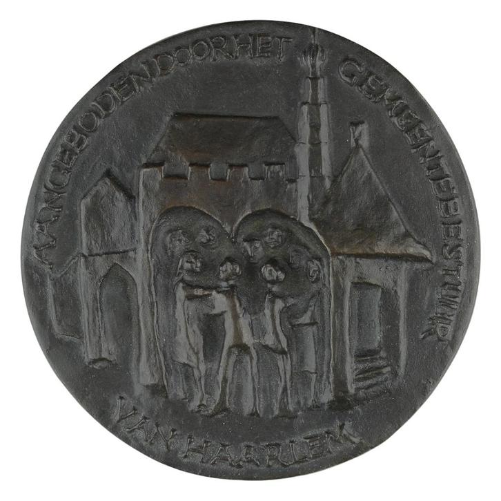 PENNING 1987 Theo Mulder : Ambtsjubileum Gemeente Haarlem, Postzegels en Munten, Penningen en Medailles, Brons, Nederland, Verzenden