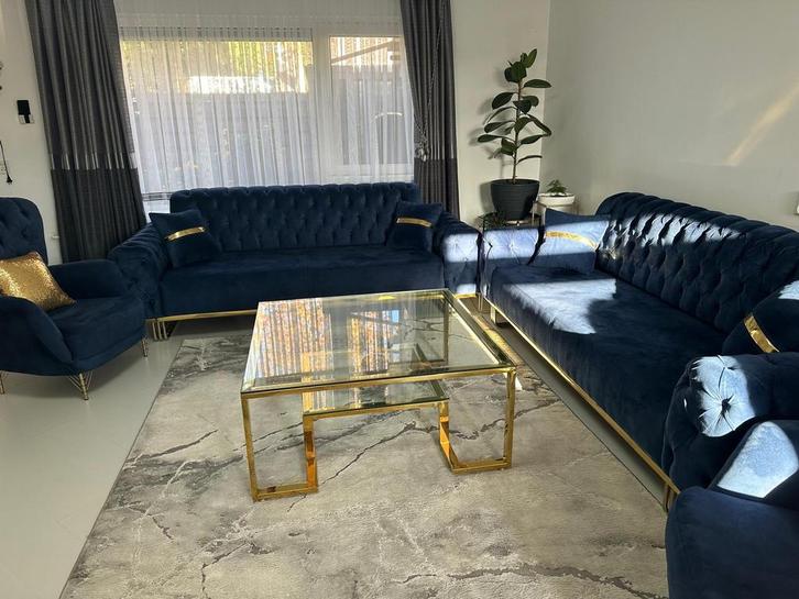 Luxe Blauwe Bankstel met Gouden Accenten, Huis en Inrichting, Banken | Bankstellen, Zo goed als nieuw, Rechte bank, Vierpersoons of meer