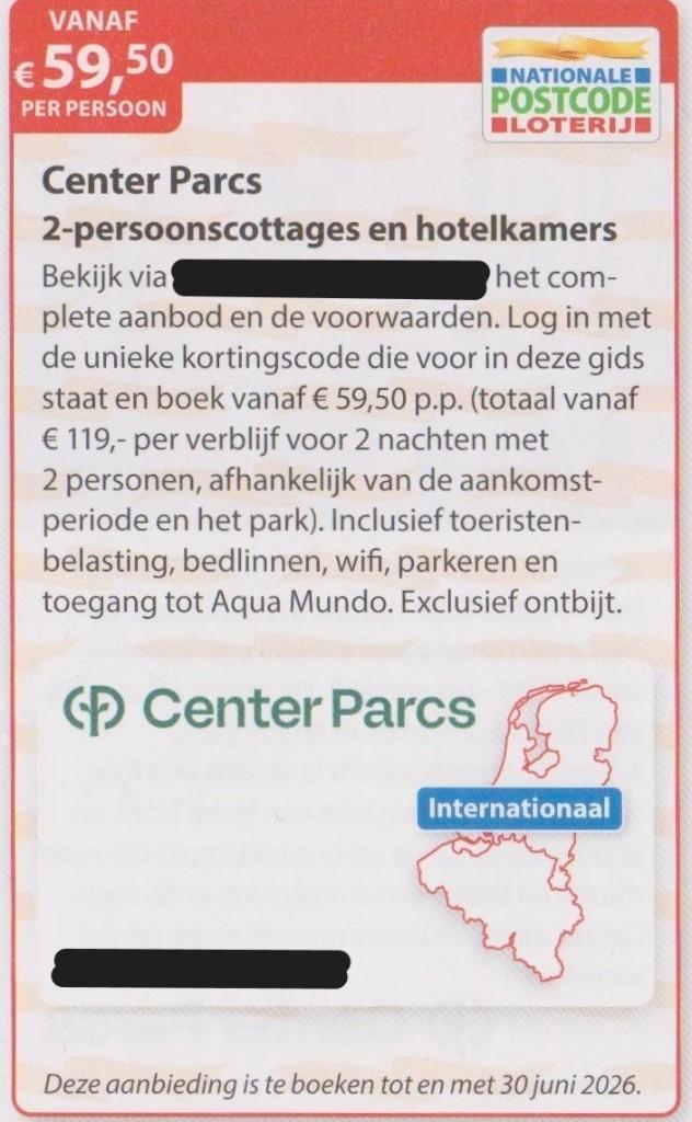 Center Parcs 2-persoonscottages en hotelkamers. € 59,50 p.p, Tickets en Kaartjes, Hotelbonnen, Twee personen, 2 overnachtingen
