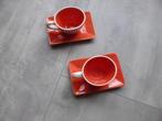 2 ovale kopjes en vierkante schotel oranje streepje, Ophalen of Verzenden, Zo goed als nieuw, Overige stijlen, Kop(pen) en/of Schotel(s)