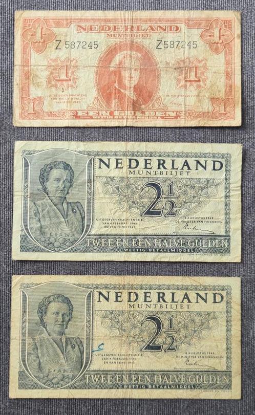 3 x biljet van 1 en 2 x 2 !/2 gulden nederland, Postzegels en Munten, Bankbiljetten | Nederland, Setje, 1 gulden, Verzenden