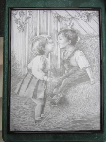 Zwarte kunststof lijst zonder glas, met tekening op papier. beschikbaar voor biedingen