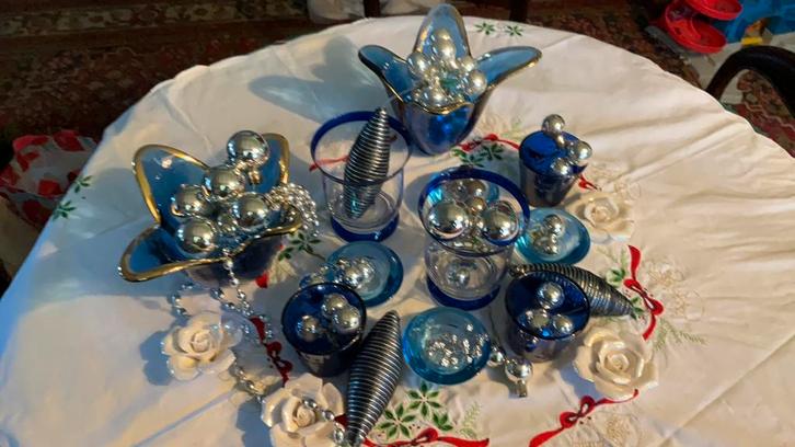 Kerst decoratie, versiering, brocante, blauw, zilver, glas., Diversen, Kerst, Ophalen of Verzenden