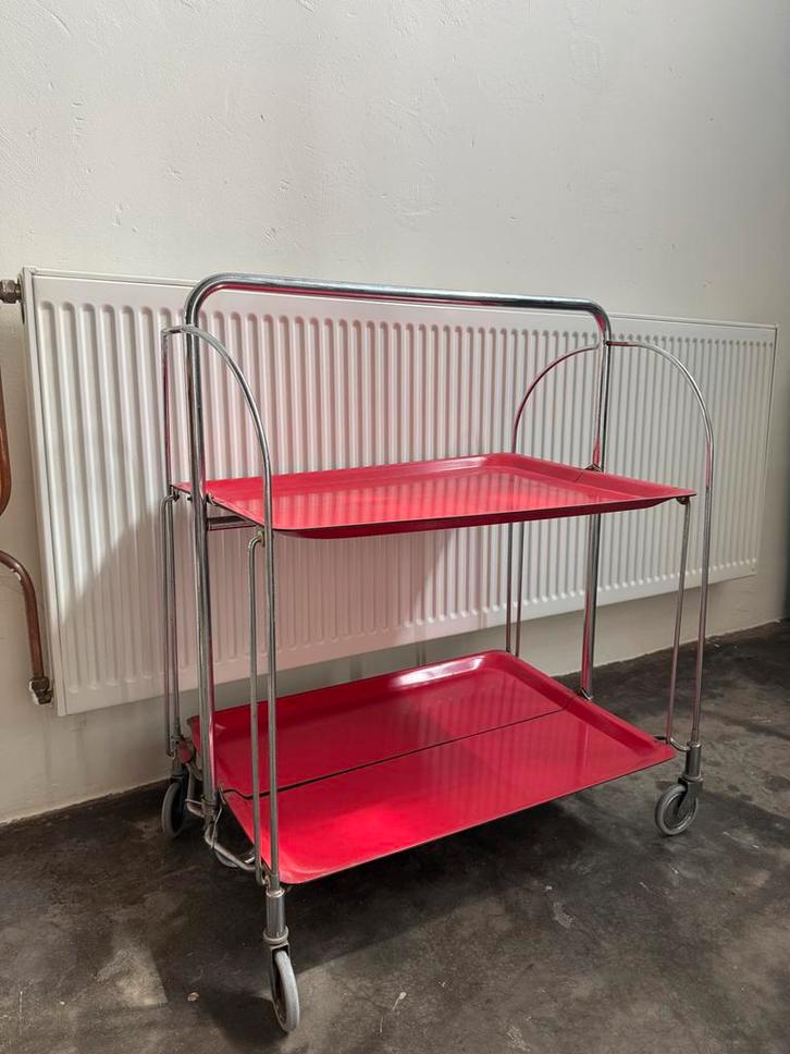 Vintage rode serveer trolley/serveerwagen, Huis en Inrichting, Tafels | Salontafels, Gebruikt, 50 tot 75 cm, 50 tot 100 cm, 50 tot 100 cm