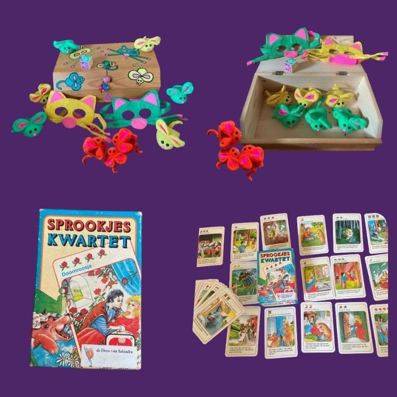 Kat en muis spel: maskers, pluche muisjes; sprookjeskwartet, Ophalen of Verzenden