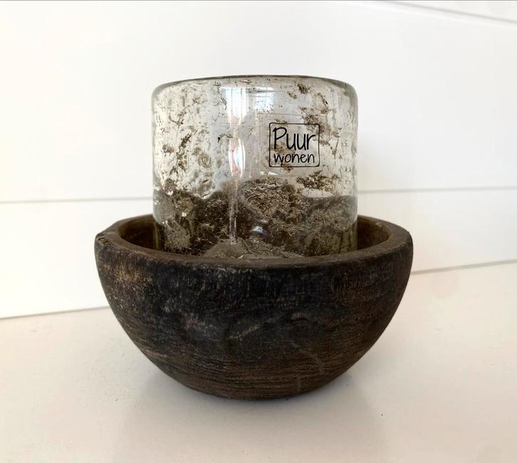 Puur Wonen Kandelaar Hout/Glas, Huis en Inrichting, Woonaccessoires | Kandelaars en Kaarsen, Gebruikt, Kandelaar, Minder dan 25 cm
