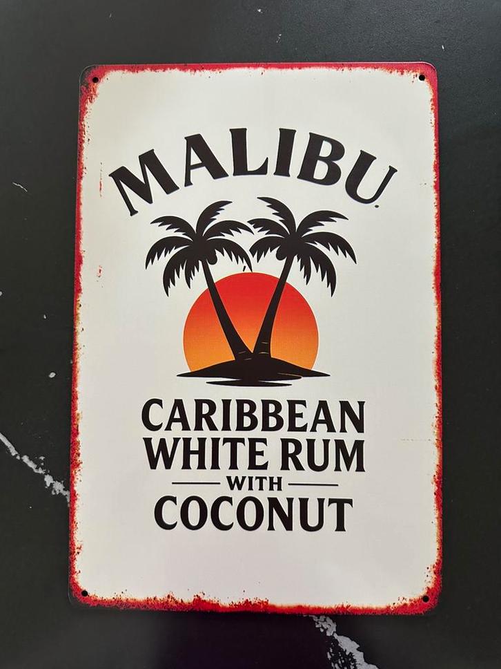 Vierkant vintage reclamebord van Malibu 20x30, Verzamelen, Merken en Reclamevoorwerpen, Gebruikt, Reclamebord, Ophalen of Verzenden