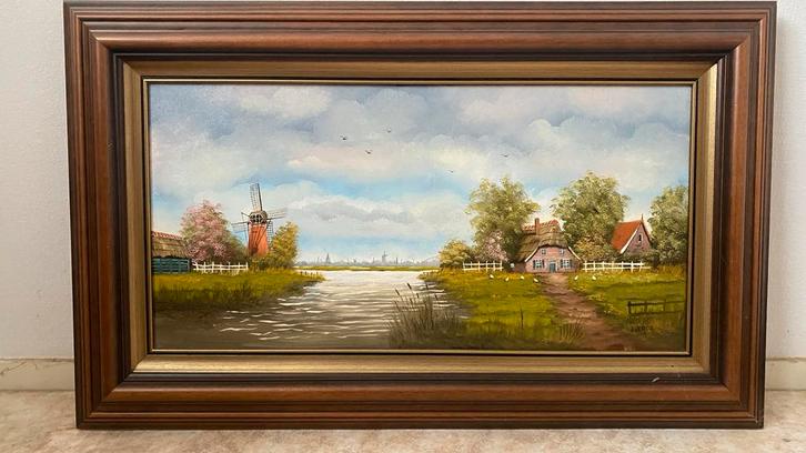 Schilderij: Landschap met Molen en Boerderij, Antiek en Kunst, Kunst | Schilderijen | Klassiek, Ophalen