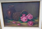 DEZEURE. E. Roses dans un panier en osier. 1943. 81/61 cm, 75 tot 100 cm, Schilderij, Zo goed als nieuw, Oorspronkelijke maker