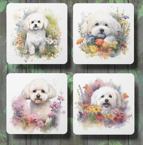 Bichon Aquarel onderzetters met houder, Huis en Inrichting, Woonaccessoires | Onderzetters, Nieuw, Glas of Kopje, Ophalen of Verzenden