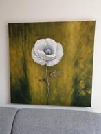 Canvas witte klaproos bloem schilderij wit groen 100x100cm, Ophalen