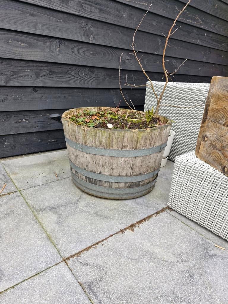 Wijnvat bloembak en wieltjes, Tuin en Terras, Bloembakken en Plantenbakken, Ophalen, Gebruikt, Rond, Hout