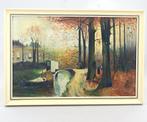 Bosgezicht met bruggetje over vaart. Olieverf. W. van Wijk, Ophalen of Verzenden