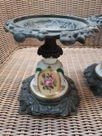 2 Franse oude kandelaar/oliehouder, tin/porcelain, Ophalen, Koper of Brons