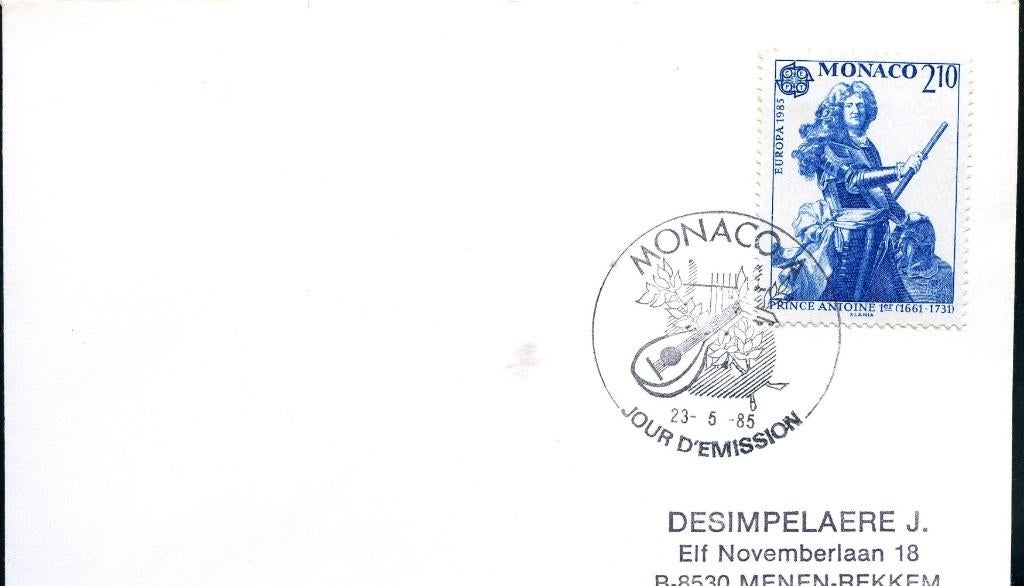 Monaco 1985 c458 EUROPA Prins Antoine muziek, Postzegels en Munten, Postzegels | Eerstedagenveloppen, Verzenden, Beschreven, Europa