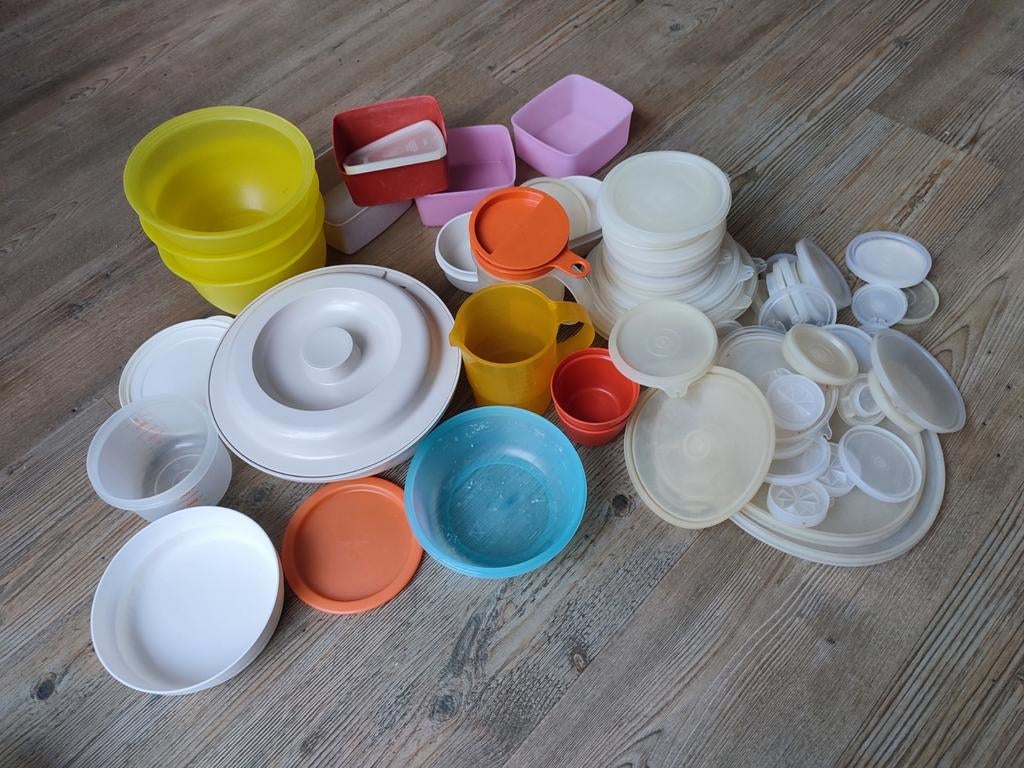 Tupperware Partij: Deksels, Schalen, Kommen: Keukenopruiming, Ophalen of Verzenden, Gebruikt, Geel, Bak of Kom