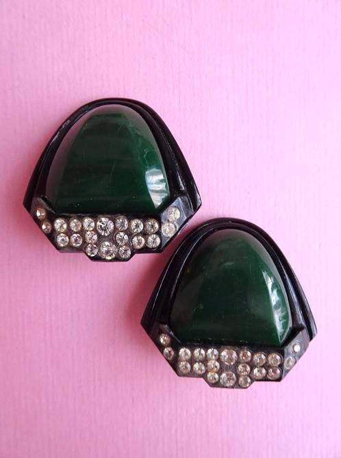 jwg Vintage 70s 80s Art Deco st oorbellen groen zwart strass, Sieraden, Tassen en Uiterlijk, Antieke sieraden, Oorbellen, Overige materialen
