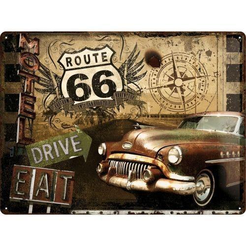 Route 66 eat drive auto relief reclamebord van metaal deco, Huis en Inrichting, Woonaccessoires | Wanddecoraties, Nieuw, Ophalen of Verzenden