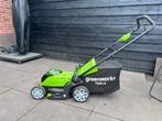 Greenworks elek. grasmaaier incl grastrimmer en 2 accu’s!, Ophalen, Gebruikt, Opvangzak