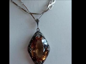 Art Deco vintage zilveren ketting en hanger Rookkwarts beschikbaar voor biedingen
