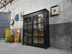 Vintage Houten Vitrinekast Zwart | Half Hoge Vitrine Kast, Huis en Inrichting, Kasten | Vitrinekasten, 150 tot 200 cm, Ophalen of Verzenden