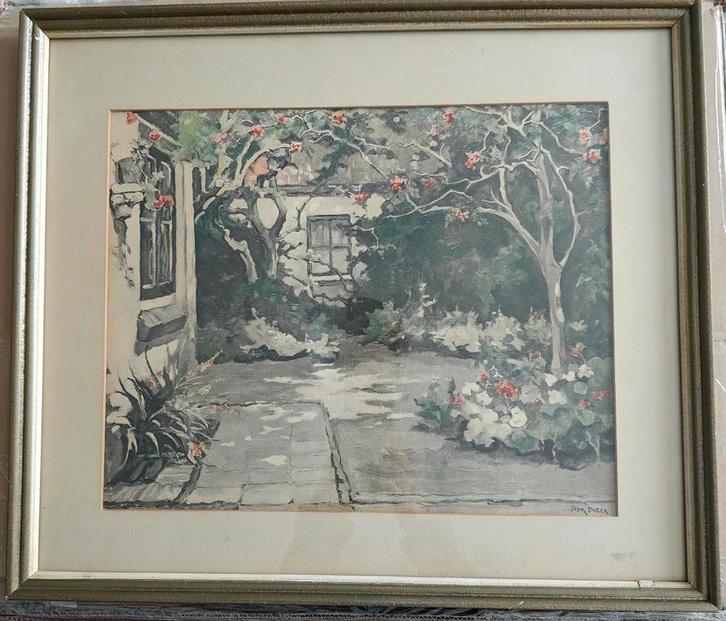 Origineel schilderij (aquarel)van Adri Pieck: de binnentuin., Antiek en Kunst, Kunst | Schilderijen | Klassiek, Ophalen of Verzenden