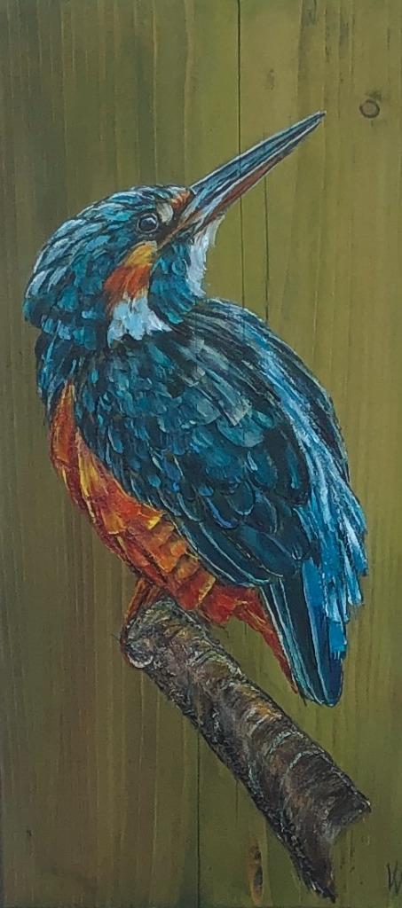 Schilderij ijsvogel op gebruikt hout, Antiek en Kunst, Kunst | Schilderijen | Modern, Verzenden