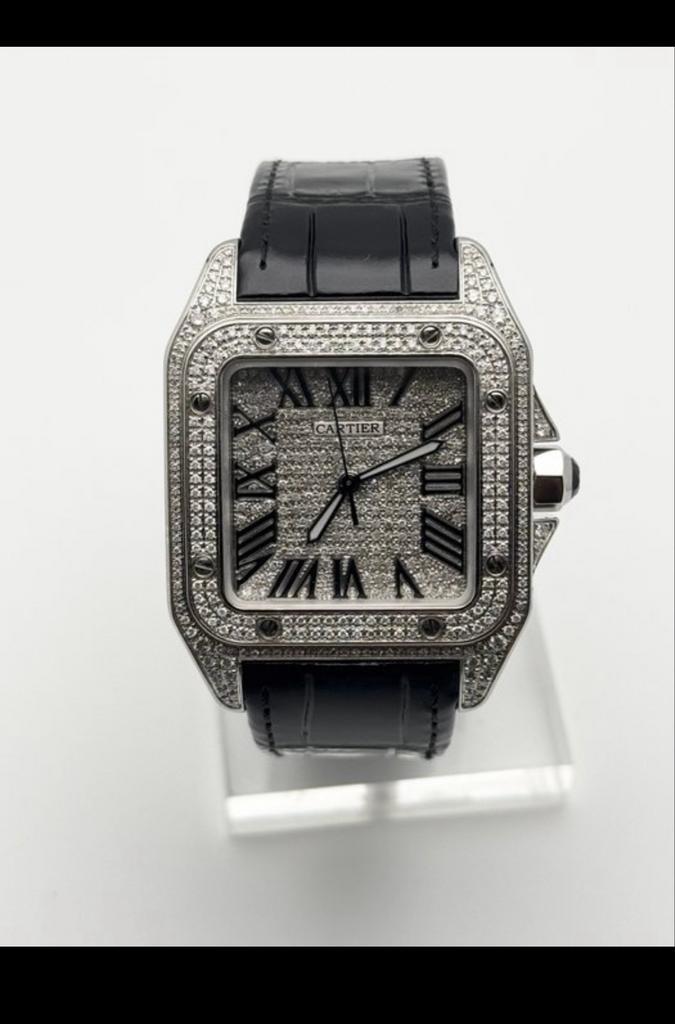 Cartier Santos XL diamonds, Sieraden, Tassen en Uiterlijk, Horloges | Heren, Zo goed als nieuw, Overige merken, Leer, Ophalen