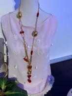 Handgemaakte ketting rood goud bling hartjes parels, Met hanger, Verzenden, Nieuw, Rood