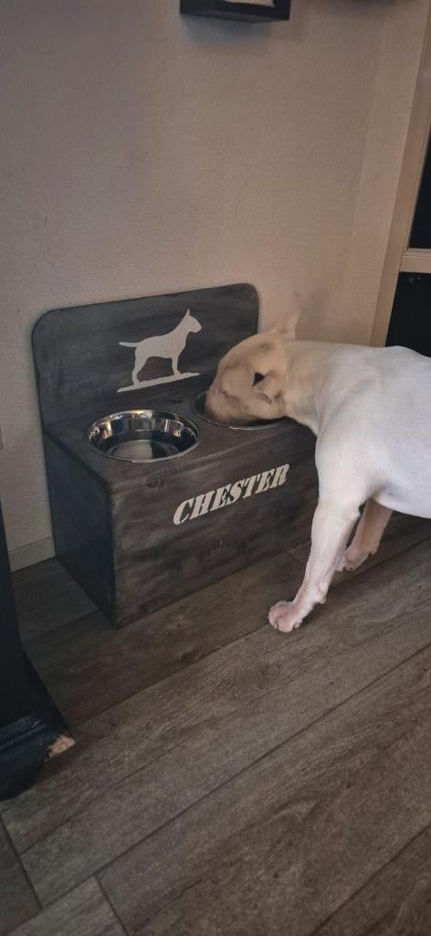 Voerbak Standaard Hond met Achterwand – RVS Bakken | Op Maat, Dieren en Toebehoren, Hondenvoerbakken en Drinkbakken, RW Houtidee – fabrikant van handgemaakte houten dierenmeubels, voerbak standaarden, bench ombouwen, tuin decoratie en maatwerk houtproducten. Uniek design, op maat gemaakt, sterke kwaliteit voor huis, tuin en huisdieren.